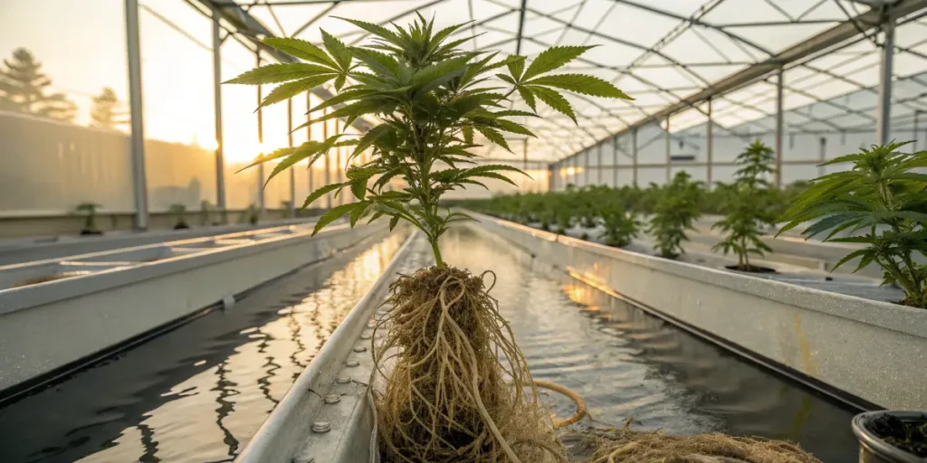 Cannabis plant with exposed roots growing in hydroponic system inside greenhouse.