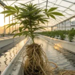 Cannabis plant with exposed roots growing in hydroponic system inside greenhouse.