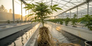 Cannabis plant with exposed roots growing in hydroponic system inside greenhouse.