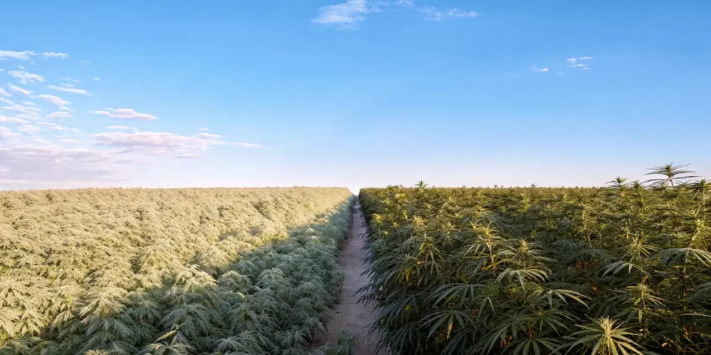 Large outdoor cannabis field showing visual differences between indica and sativa plant varieties