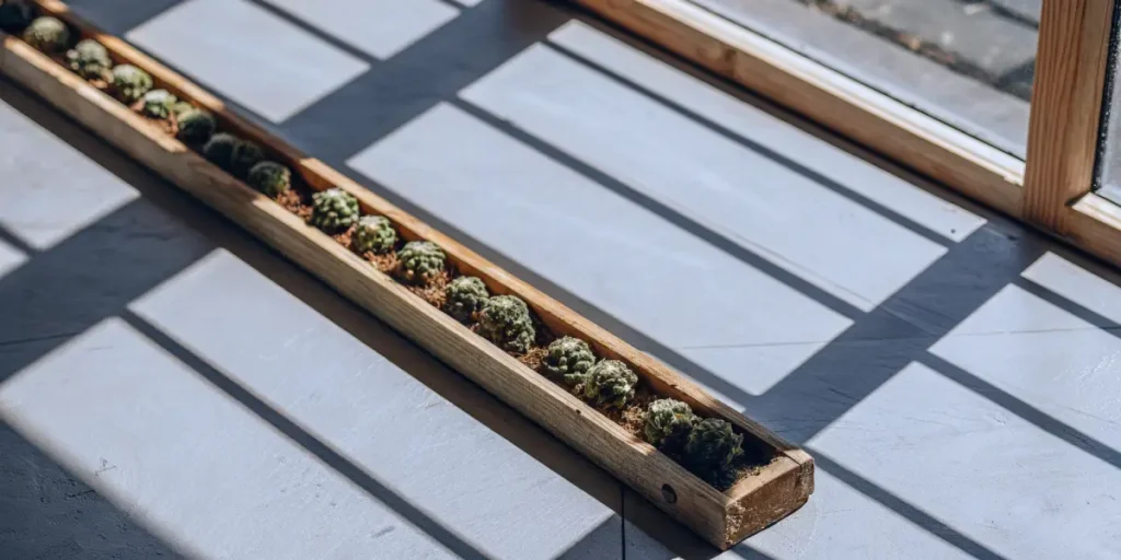 Indoor cannabis buds arranged in a long wooden drying box with sunlight casting shadows.