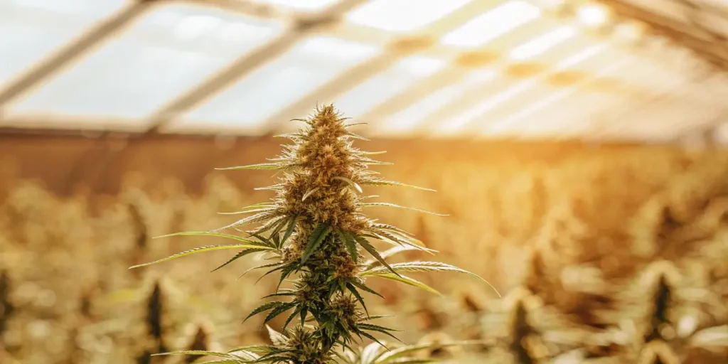 A flowering cannabis plant inside a greenhouse, showing dense, harvest-ready buds exposed to bright natural light for optimal growth and potency.
