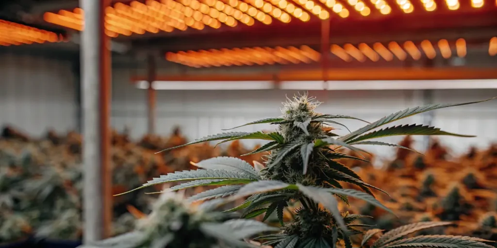 Indoor cannabis plant in flowering stage under orange LED grow lights inside a controlled cultivation facility.