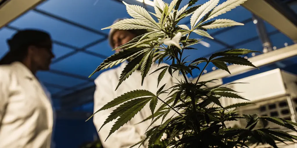 Indoor cannabis plant illuminated under artificial lights in a research and cultivation facility.