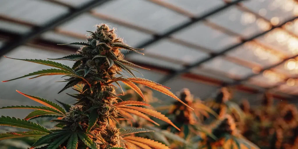 Mature cannabis plant with resinous buds inside a greenhouse illuminated by warm artificial light.