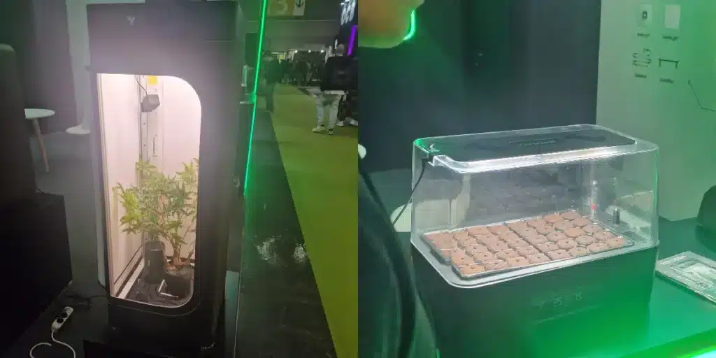 Indoor grow cabinet and smart seed propagator displayed at a cannabis expo.