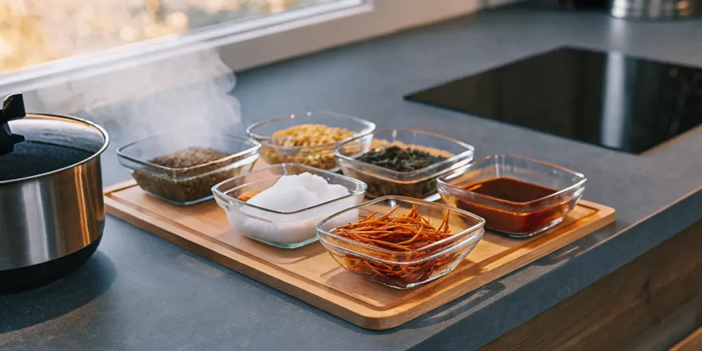 Glass containers with herbs, oils, and ingredients arranged on a wooden board next to a steaming pot for cannabis infusion cooking.