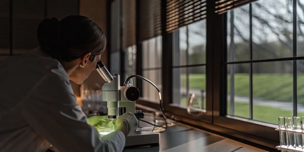 Researcher analyzing cannabis plant material using a microscope in a controlled laboratory setting.