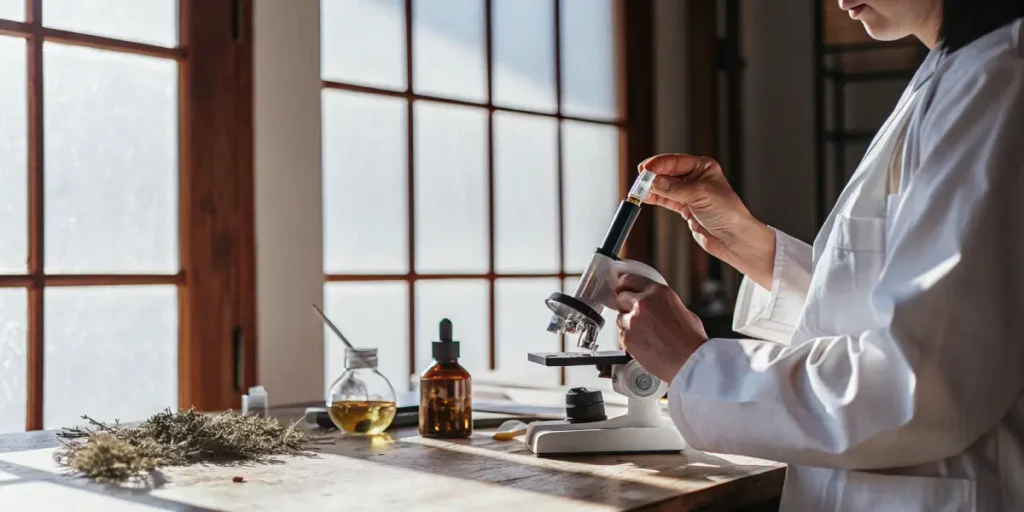 Laboratory technician testing cannabis extract using a microscope and dropper in a research setting.