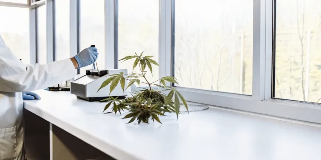 Laboratory technician testing a cannabis plant sample on a lab bench with analytical instruments.
