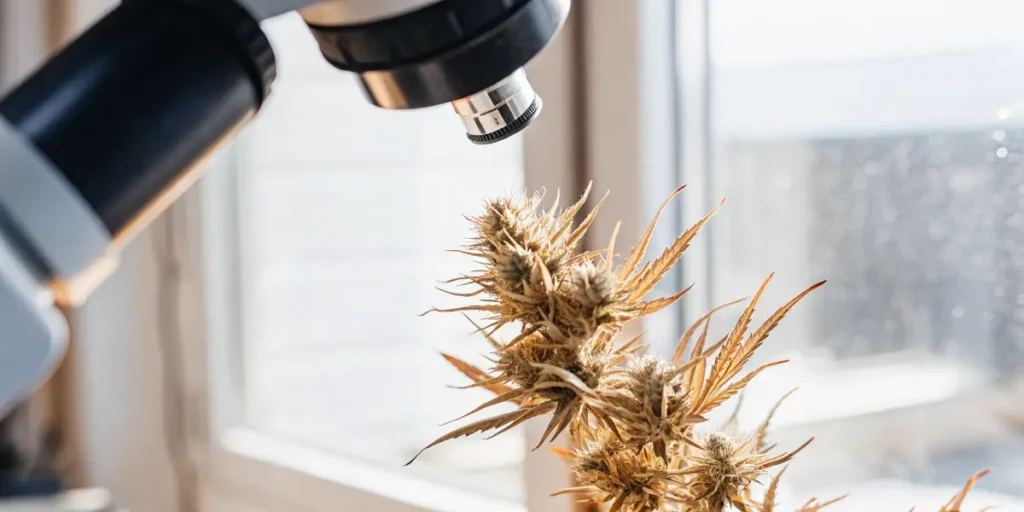Mature cannabis flower analyzed under a microscope, showing dried pistils and detailed bud formation.