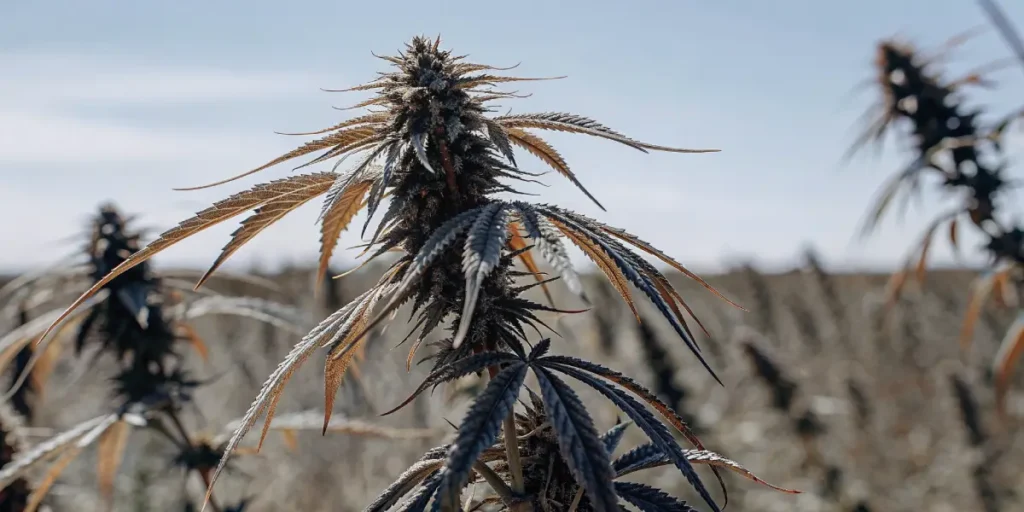 A mature cannabis plant growing outdoors under dry, challenging conditions, with curled and discolored leaves indicating drought stress near harvest time.