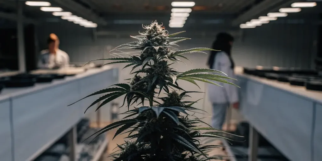 Mature cannabis plant in the flowering stage growing inside an indoor research facility.