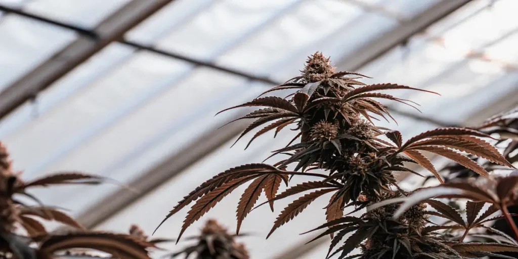 Mature purple cannabis buds developing under a greenhouse roof with natural filtered sunlight.
