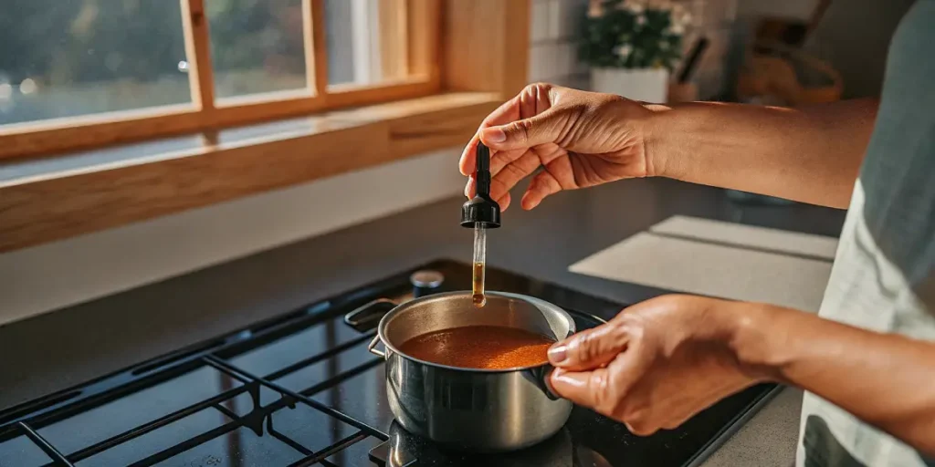 Hands using a dropper to measure cannabis oil over a saucepan in a modern kitchen