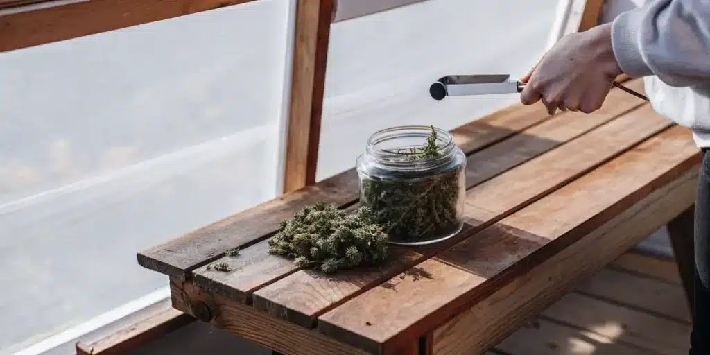 Hand measuring freshly harvested cannabis buds before placing them into a glass jar for curing