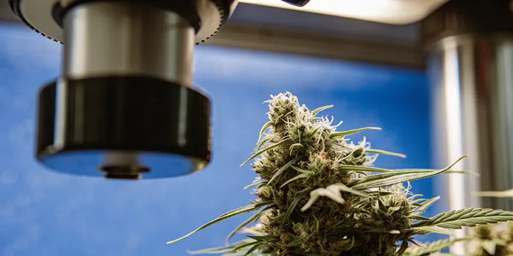 Microscopic inspection of a cannabis flower in a controlled laboratory environment.