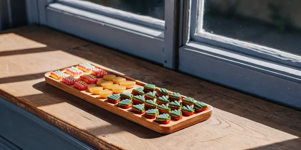 Mixed cannabis-infused gummies arranged on a wooden serving board by a bright kitchen window.