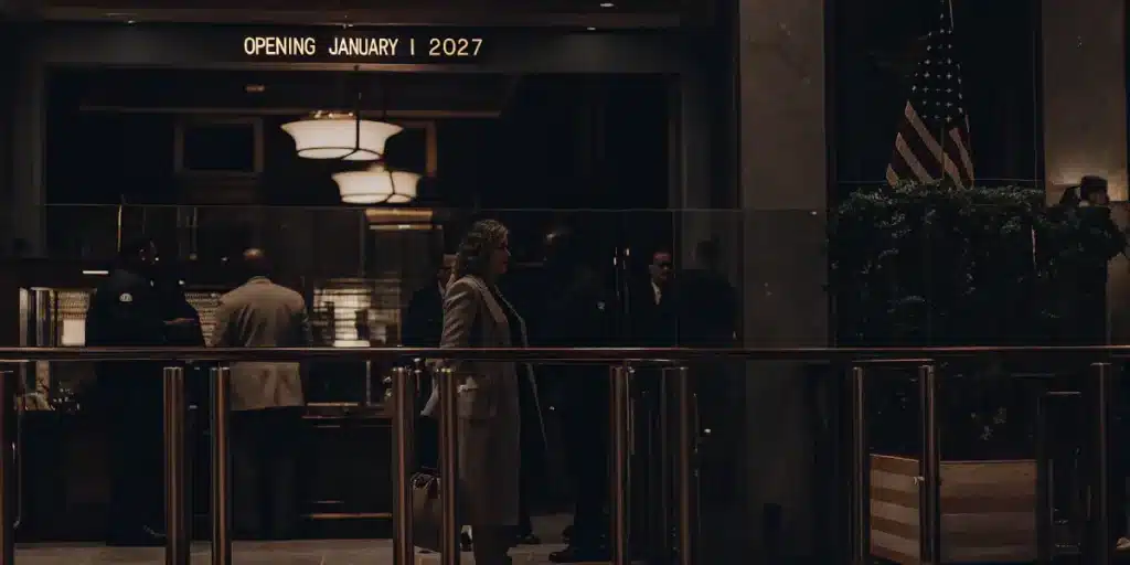 People entering a modern building lobby with security and opening sign January 2027.