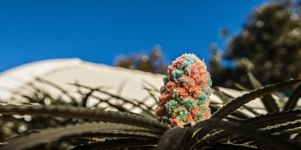 Multicolored cannabis bud with red and green hues growing outdoors under natural sunlight.
