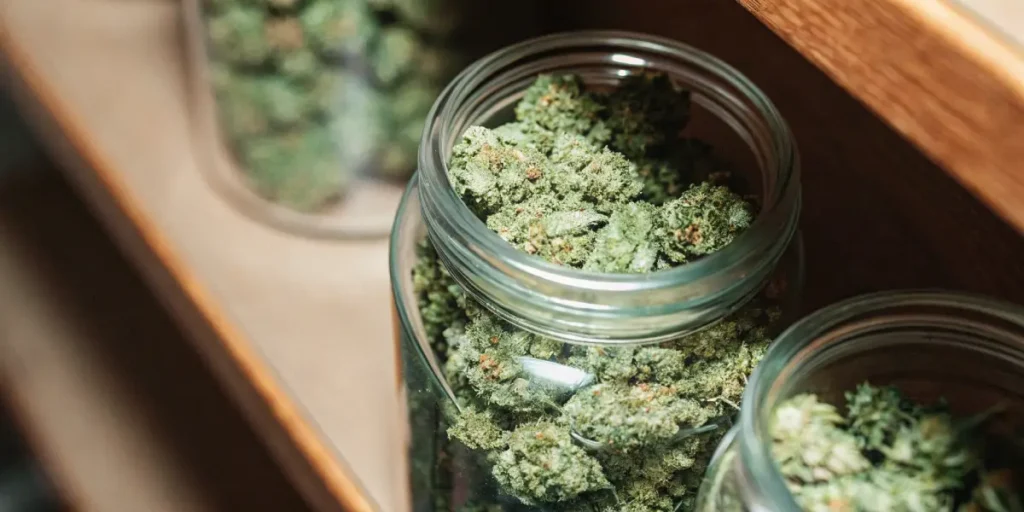 Open glass jars filled with cured cannabis flower buds arranged on a wooden storage shelf.
