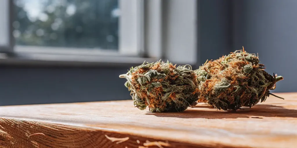 Close-up of cannabis buds with bright orange pistils placed on a wooden surface in natural light.