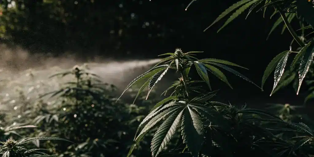 Outdoor cannabis plants being lightly sprayed with water, showing healthy green leaves in low natural light.