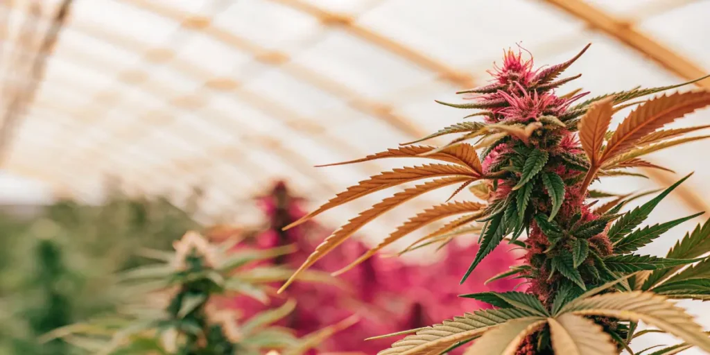 Pink and purple cannabis plant flowering inside a greenhouse with vibrant leaves and dense buds.