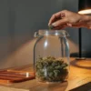 Hand placing cannabis buds into a glass jar on a wooden table for proper storage