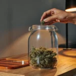 Hand placing cannabis buds into a glass jar on a wooden table for proper storage