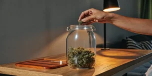 Hand placing cannabis buds into a glass jar on a wooden table for proper storage