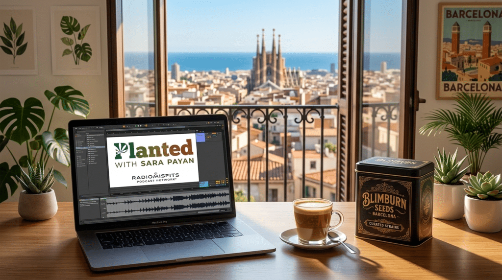 Planted Podcast Sergio Martinez on Spannabis genetics displayed on a laptop with Blimburn Seeds tin and Barcelona skyline view.