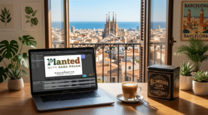 Planted Podcast Sergio Martinez on Spannabis genetics displayed on a laptop with Blimburn Seeds tin and Barcelona skyline view.