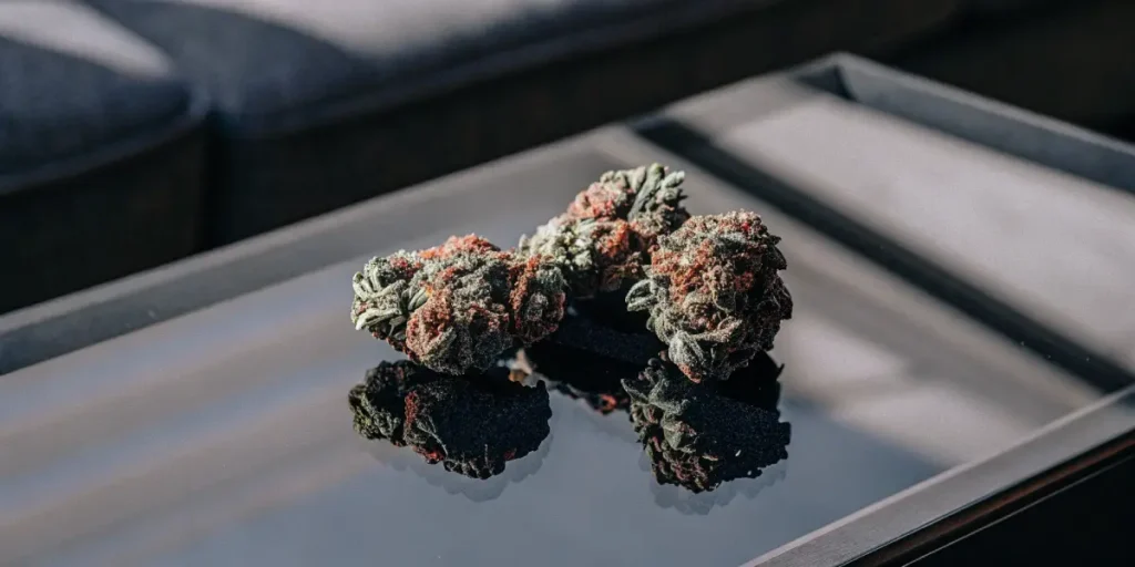 Premium cannabis buds with red pistils placed on a glossy black tray with dramatic lighting and reflection.