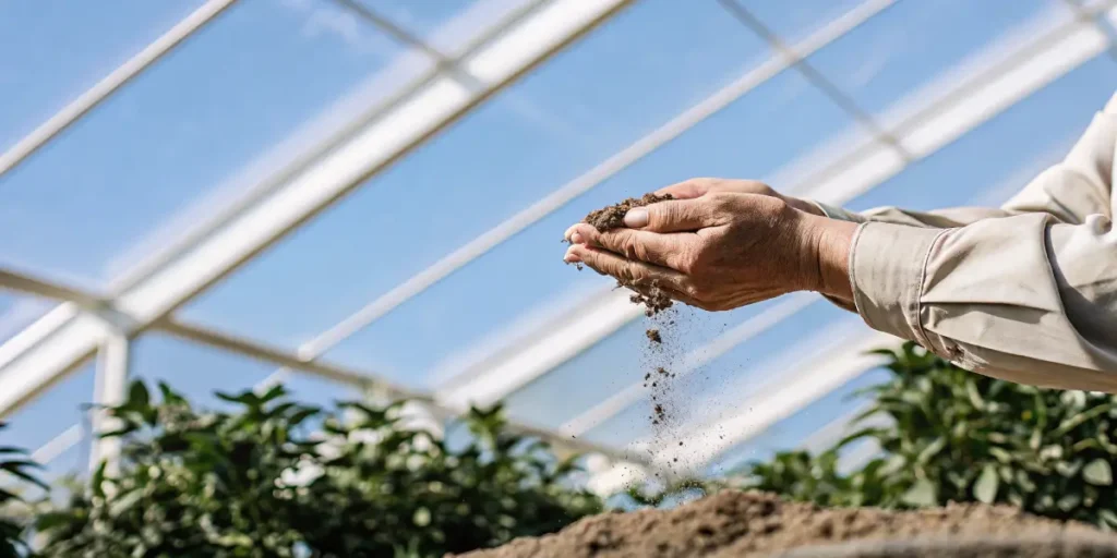 Hands holding and releasing soil while preparing cannabis growing beds in a greenhouse.
