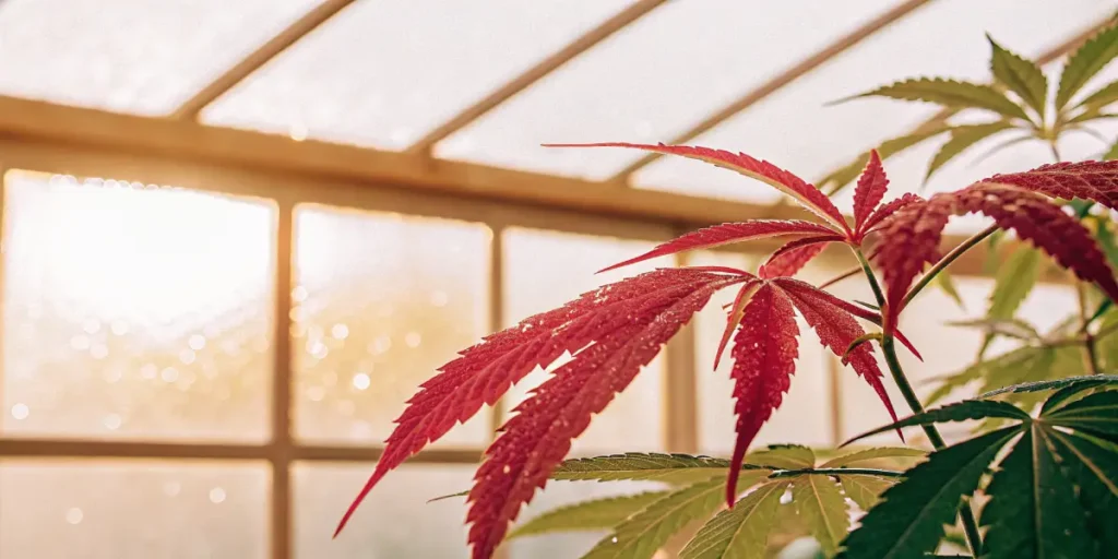 Red cannabis leaves with visible water droplets inside a greenhouse illuminated by warm morning sunlight.