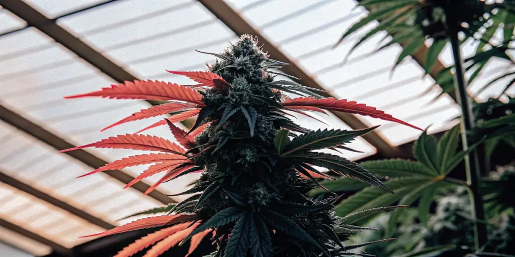 Cannabis plant with red and dark green leaves during late flowering stage inside a greenhouse