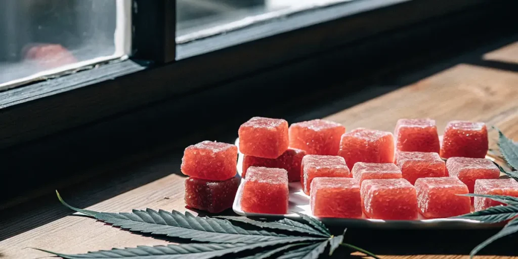 Red THC gummies arranged on a white plate beside a cannabis leaf on a wooden table near a window with natural sunlight.
