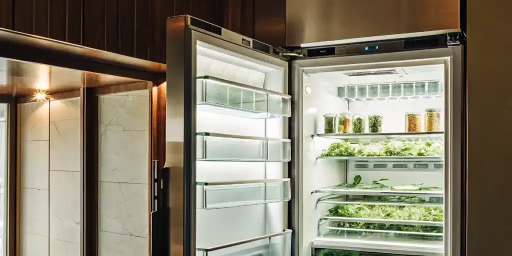 Cannabis leaves drying inside an open refrigerator used as a controlled environment for cold curing and preservation.