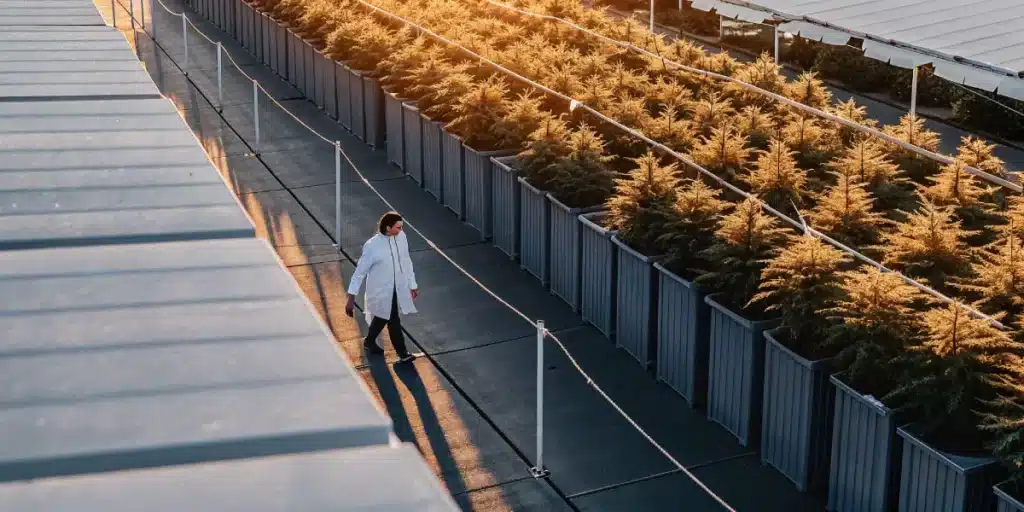 Researcher walking through a large outdoor cannabis cultivation facility at sunset.