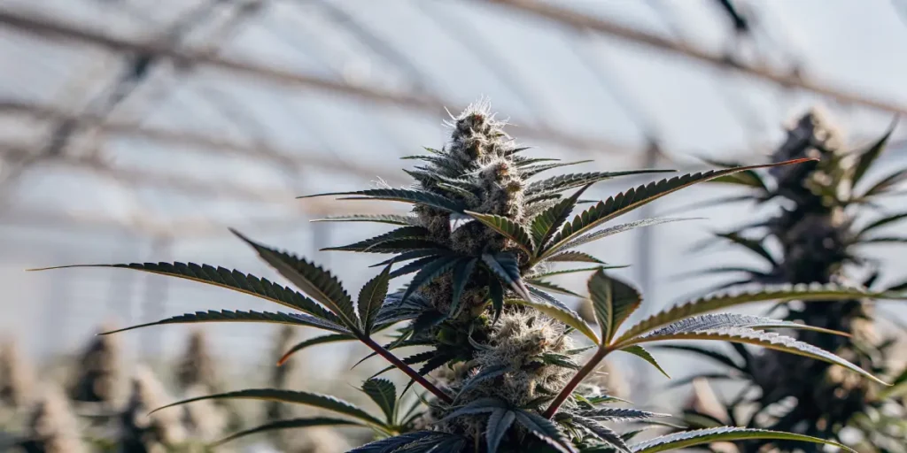 Resin-rich cannabis plant with frosty buds growing inside a greenhouse under natural daylight.