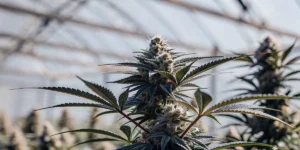 Resin-rich cannabis plant with frosty buds growing inside a greenhouse under natural daylight.