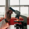 A laboratory scientist analyzes a cannabis extract under a microscope, highlighting precise quality control and cannabinoid research in a controlled scientific environment.