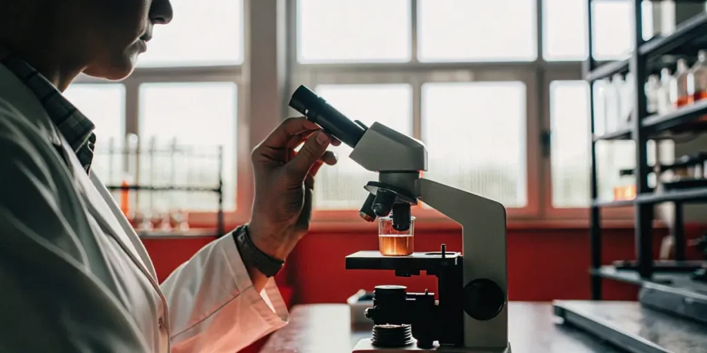 A laboratory scientist analyzes a cannabis extract under a microscope, highlighting precise quality control and cannabinoid research in a controlled scientific environment.
