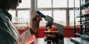 A laboratory scientist analyzes a cannabis extract under a microscope, highlighting precise quality control and cannabinoid research in a controlled scientific environment.