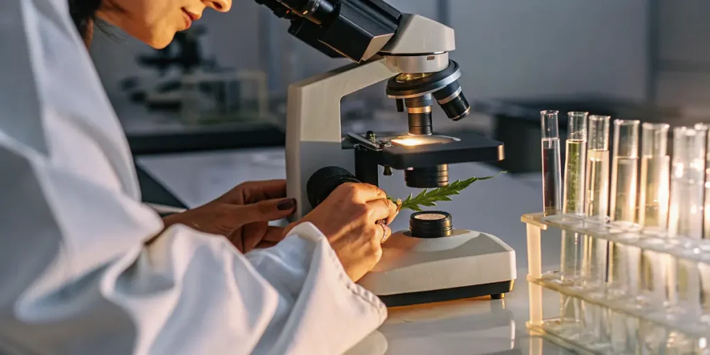 Scientist analyzing a cannabis leaf under a microscope in a modern laboratory with test tubes nearby