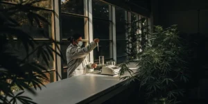 Laboratory technician testing a cannabis plant sample on a lab bench with analytical instruments.