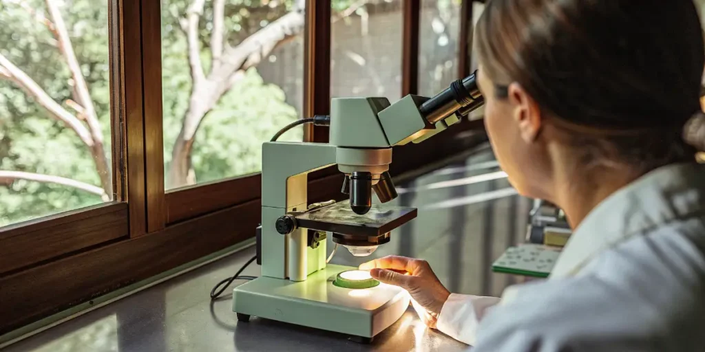 Scientist examining a cannabis sample under a laboratory microscope near a window.
