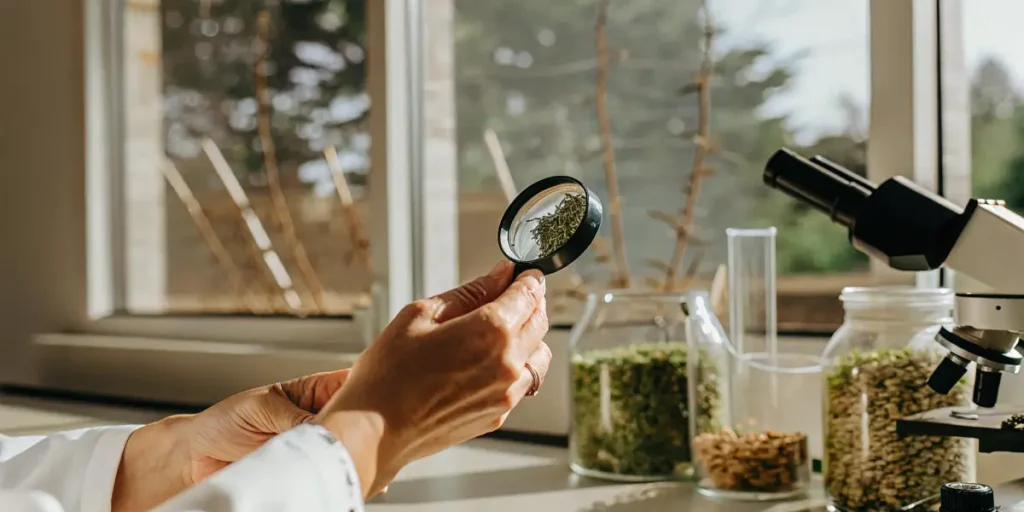 Scientist examining dried cannabis buds with a magnifying glass in a laboratory setting.