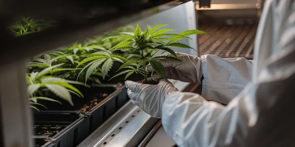 Scientist wearing gloves carefully holding a young cannabis seedling in a controlled indoor grow environment.